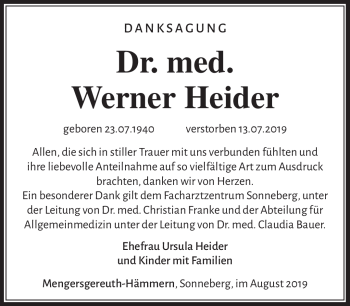 Traueranzeige von Werner Heider von Südthüringer Presse