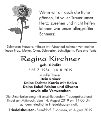 Traueranzeige von Regina Kirchner von Südthüringer Presse