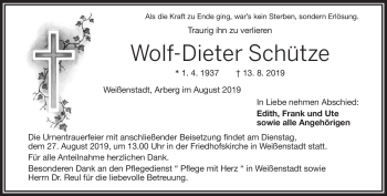 Traueranzeige von Wolf-Dieter Schütze von Frankenpost