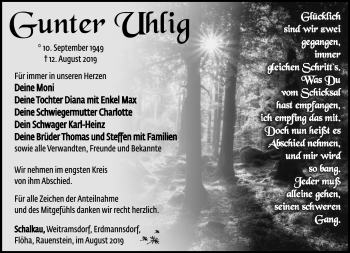 Traueranzeige von Gunter Uhlig von Südthüringer Presse