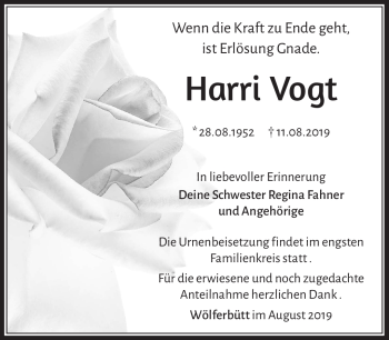 Traueranzeige von Harri Vogt von Südthüringer Presse