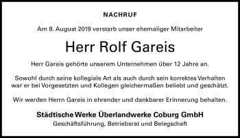 Traueranzeige von Rolf Gareis von Neue Presse Coburg