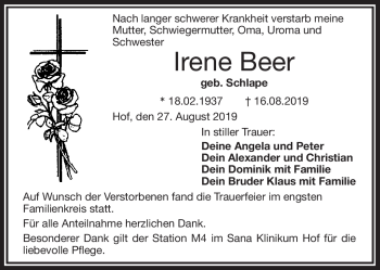 Traueranzeige von Irene Beer von Frankenpost