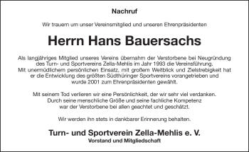Traueranzeige von Hans Bauersachs von Südthüringer Presse