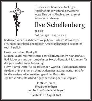 Traueranzeige von Ilse Schellenberg von Südthüringer Presse