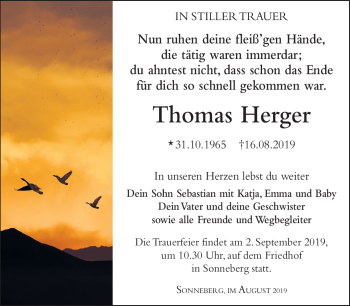 Traueranzeige von Thomas Herger von Südthüringer Presse