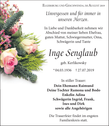 Traueranzeige von Inge Senglaub von Südthüringer Presse