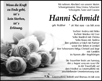 Traueranzeige von Johanna Schmidt von Südthüringer Presse