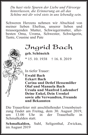 Traueranzeige von Ingrid Bach von Südthüringer Presse