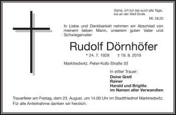 Traueranzeige von Rudolf Dörnhöfer von Frankenpost