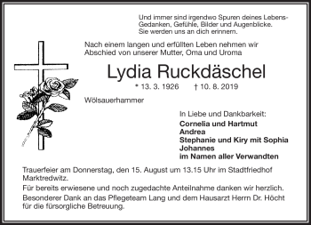 Traueranzeige von Lydia Ruckdäschel von Frankenpost