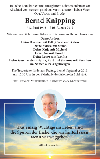 Traueranzeige von Bernd Knipping von Südthüringer Presse