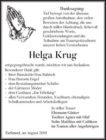 Traueranzeige von Helga Krug von Südthüringer Presse