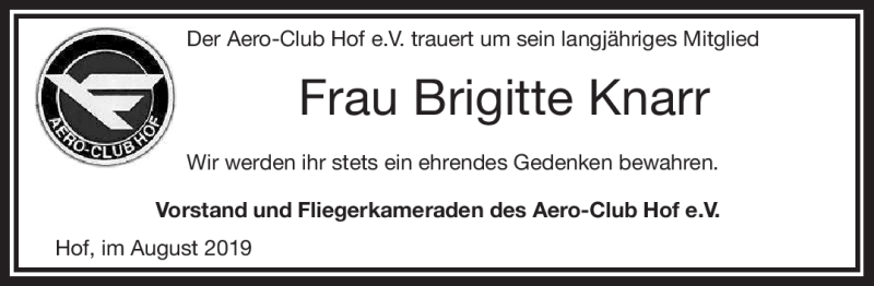  Traueranzeige für Brigitte Knarr vom 16.08.2019 aus Frankenpost