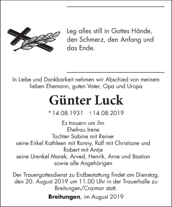 Traueranzeige von Günter Luck von Südthüringer Presse