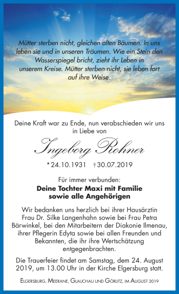 Traueranzeige von Ingeborg Rohner von Südthüringer Presse