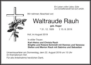 Traueranzeige von Waltraude Rauh von Frankenpost