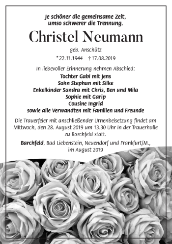 Traueranzeige von Christel Neumann von Südthüringer Presse
