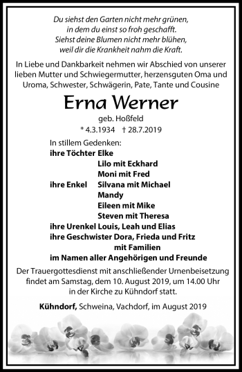 Traueranzeige von Erna Werner von Südthüringer Presse