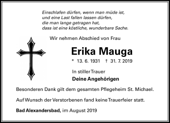 Traueranzeige von Erika Mauga von Frankenpost