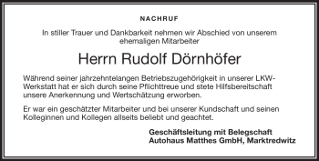 Traueranzeige von Rudolf Dörnhöfer von Frankenpost
