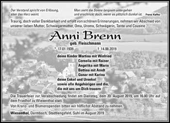 Traueranzeige von Anni Brenn von Südthüringer Presse