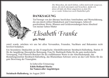 Traueranzeige von Elisabeth Franke von Südthüringer Presse