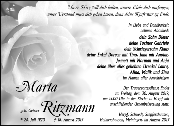 Traueranzeige von Marta Ritzmann von Südthüringer Presse