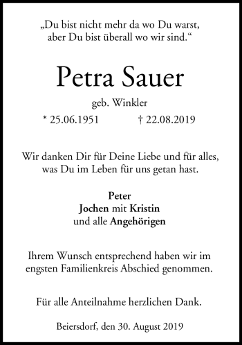 Traueranzeige von Petra Sauer von Neue Presse Coburg
