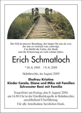Traueranzeige von Erich Schmatloch von Frankenpost