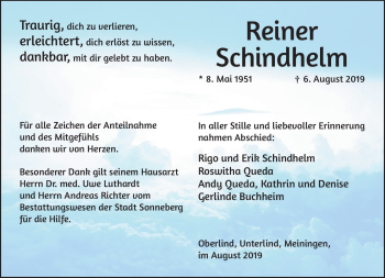 Traueranzeige von Reiner Schindhelm von Südthüringer Presse