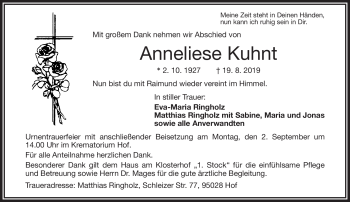 Traueranzeige von Anneliese Kuhnt von Frankenpost