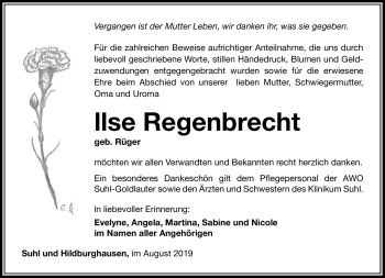 Traueranzeige von Ilse Regenbrecht von Südthüringer Presse