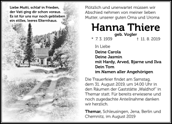 Traueranzeige von Hanna Thiere von Südthüringer Presse