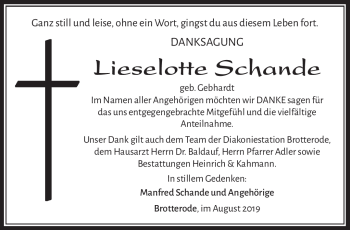 Traueranzeige von Lieselotte Schande von Südthüringer Presse