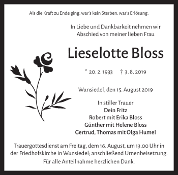 Traueranzeige von Lieselotte Bloss von Frankenpost