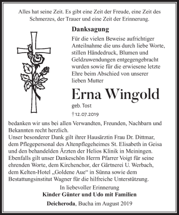 Traueranzeige von Erna Wingold von Südthüringer Presse