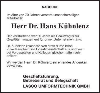 Traueranzeige von Dr. Hans Kühnlenz von Neue Presse Coburg