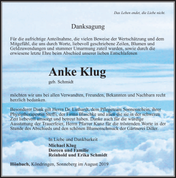 Traueranzeige von Anke Klug von Südthüringer Presse