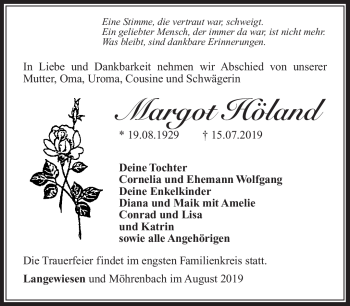 Traueranzeige von Margot Höland von Südthüringer Presse