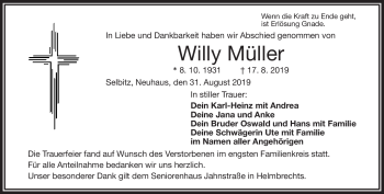 Traueranzeige von Willy Müller von Frankenpost