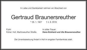 Traueranzeige von Gertraud Braunersreuther von Frankenpost