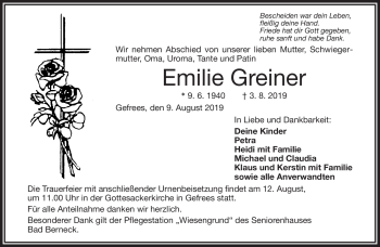 Traueranzeige von Emilie Greiner von Frankenpost