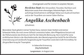 Traueranzeige von Angelika Aschenbach von Südthüringer Presse
