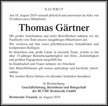 Traueranzeige von Thomas Gärtner von Südthüringer Presse