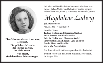 Traueranzeige von Magdalene Ludwig von Südthüringer Presse