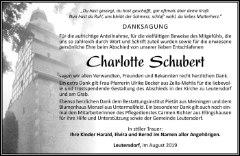 Traueranzeige von Charlotte Schubert von Südthüringer Presse
