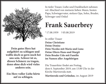Traueranzeige von Frank Sauerbrey von Südthüringer Presse