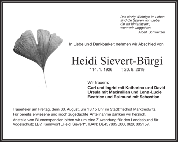 Traueranzeige von Heidi Sievert-Bürgi von Frankenpost