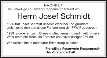 Traueranzeige von Josef Schmidt von Frankenpost